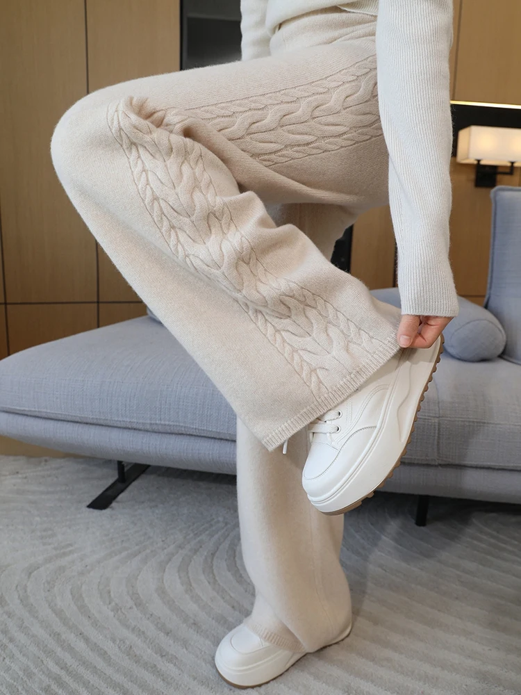 New Fashion Autumn Winter Woman Pants Elegant Female 100% Merino Knitwear Lady Clothing Bottoms Full Length Thick Flat Trousers