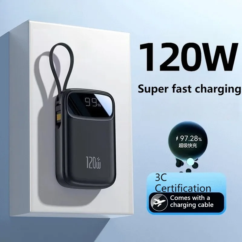 باور بانك 120 وات 10000 مللي أمبير في الساعة 20000 مللي أمبير في الساعة مدمج قابل للسحب USB-C وكابل لايتنينج لهاتف آيفون 16 سامسونج S25 Xiaomi 3C شهادة