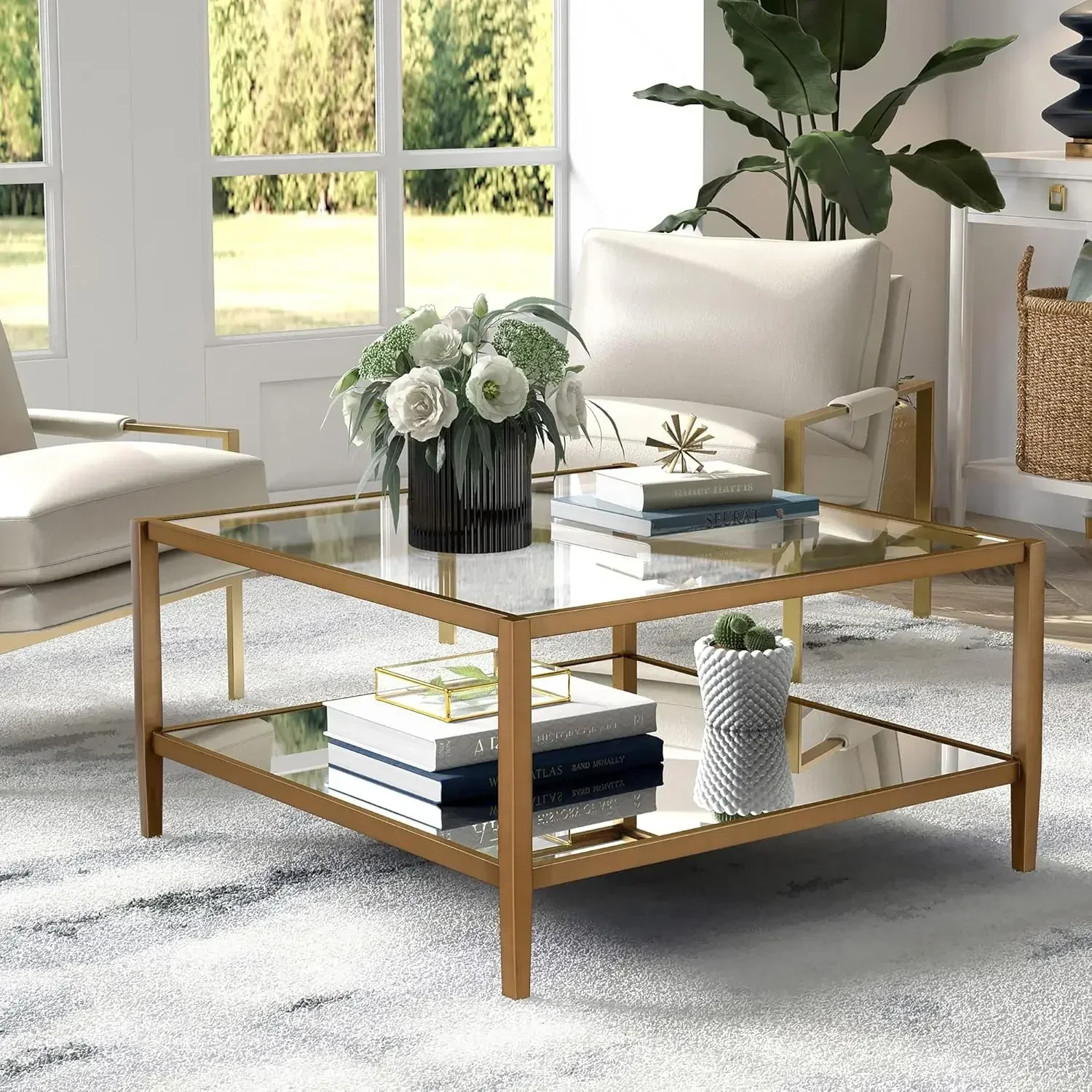 

XMSJ-32" Wide Square Coffee Table with Mirror Shelf in Antique Brass, Coffee Table coffee tables for living room, studio apartme