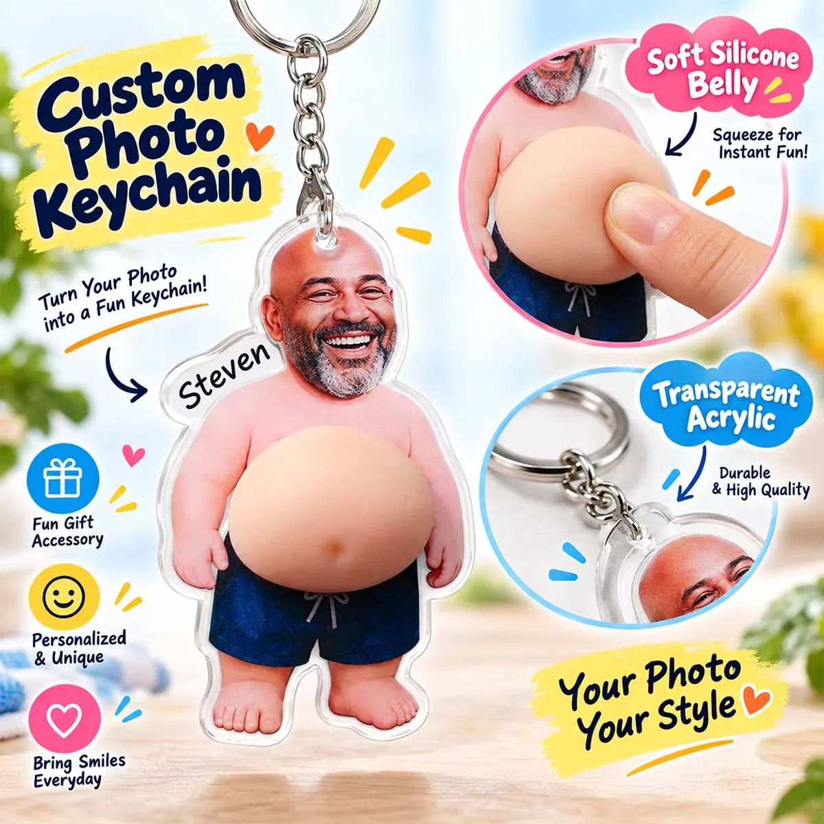 Picture Custom Big Belly Keychain Acrylic Photo Charm Funny Squishy Keepsake for Bag Purse Dad Boyfriend Stress Relief Gift
