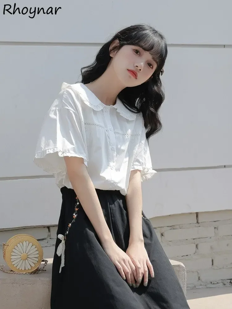 Shirts Women Peter Pan Collar Designer White Temper Clothing Korean Fashion Рубашки Thin Summer Kawaii Girlish Preppy INS