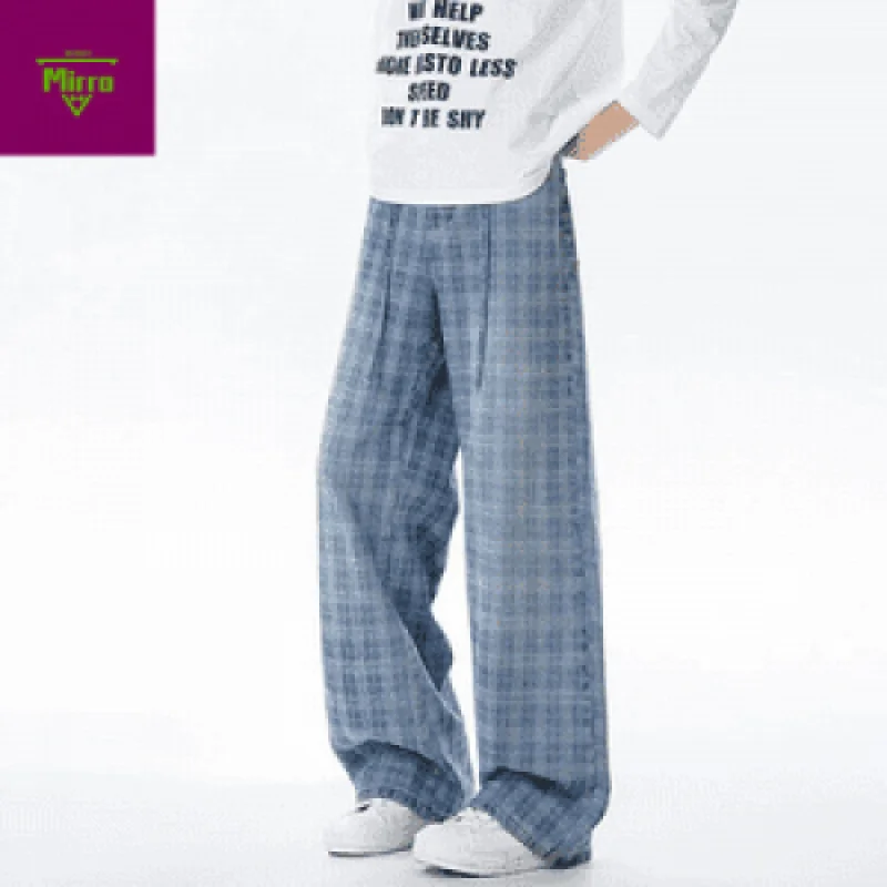 

【Mirrordust】Осенние синие свободные прямые джинсы для мужчин и женщин, повседневные удобные длинные брюки в клетку