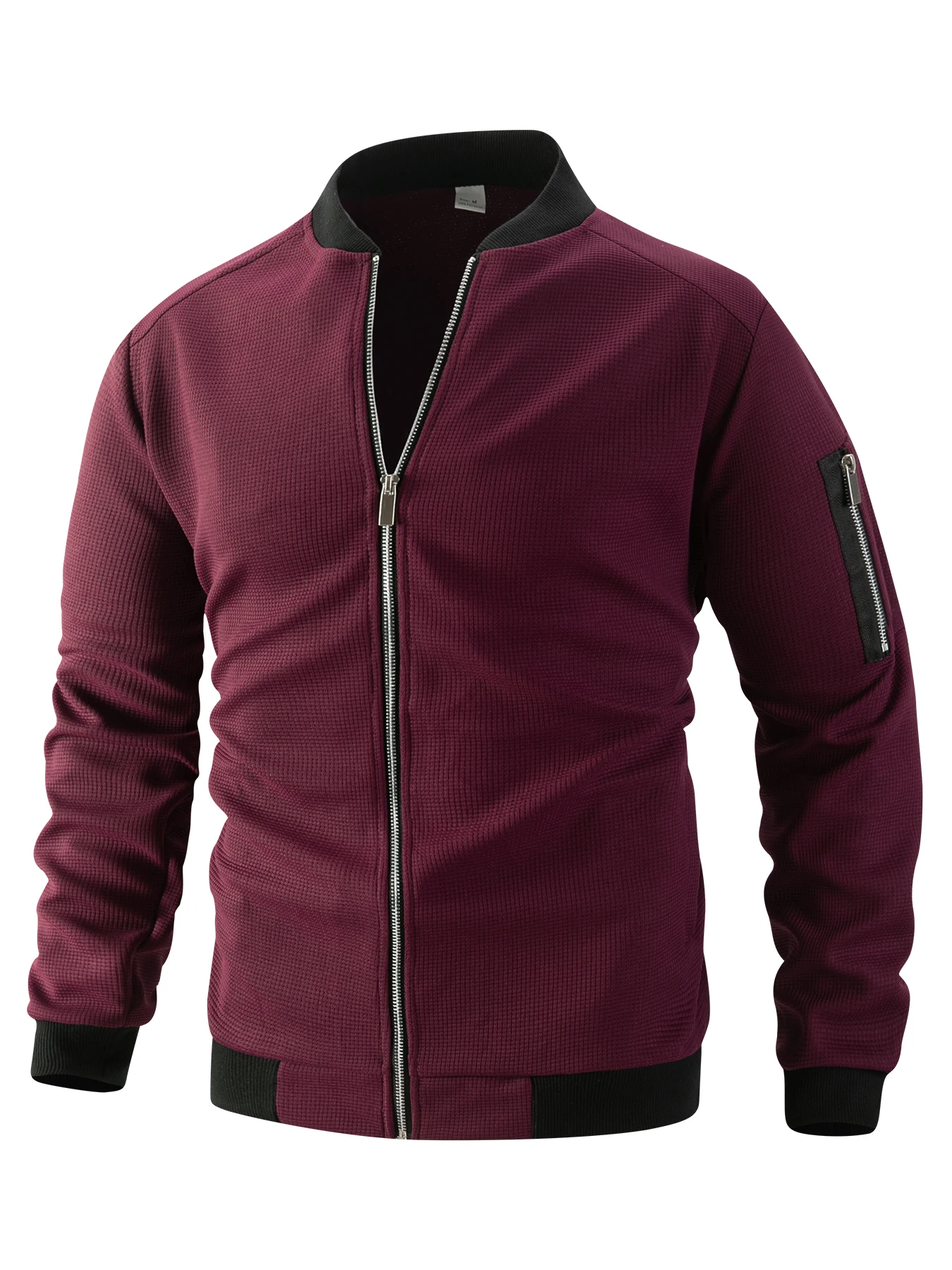 Herrenjacke aus Waffelstrick mit geripptem Baseballkragen, lässige Fliegerjacke mit durchgehendem Reißverschluss, mit Reißverschlussmanschetten und Taschen, lässiger Stil. – Detail 18