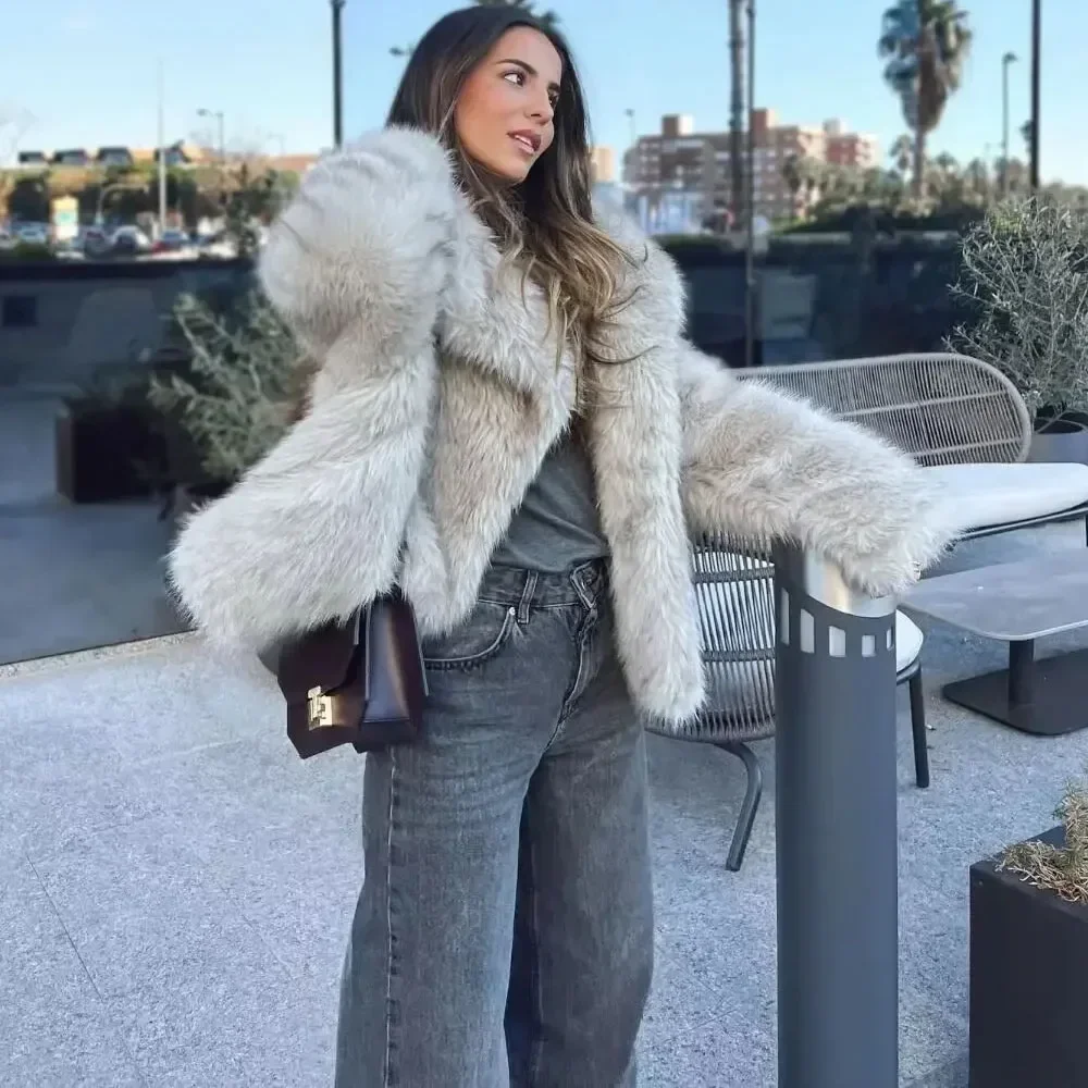 Women's fashionable solid color faux fur single button jacket retro lapel long sleeved women's fashionable women's fur jacket