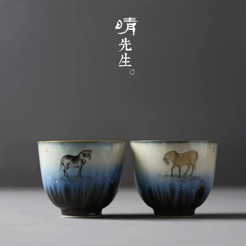 

★Jingdezhen Handmade Porcelain Hand Painted Steed Master Cup Kung Fu Tea Cup Tea Set Master Single Cup Tea Collection