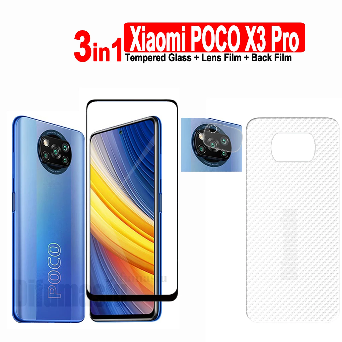 

3in1 For Xiaomi POCO X3Pro Tempered Glass Film Screen Protector + Camera Lens Film+ Carbon Fiber Back Film