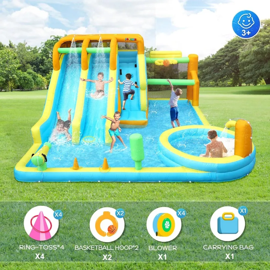 Toboggan gonflable 11 en 1 pour enfants dans l'arrière-cour avec 2 toboggans d'eau, 2 cerceaux de basket-ball, piscine, mur d'escalade, blasters d'eau, 1 min