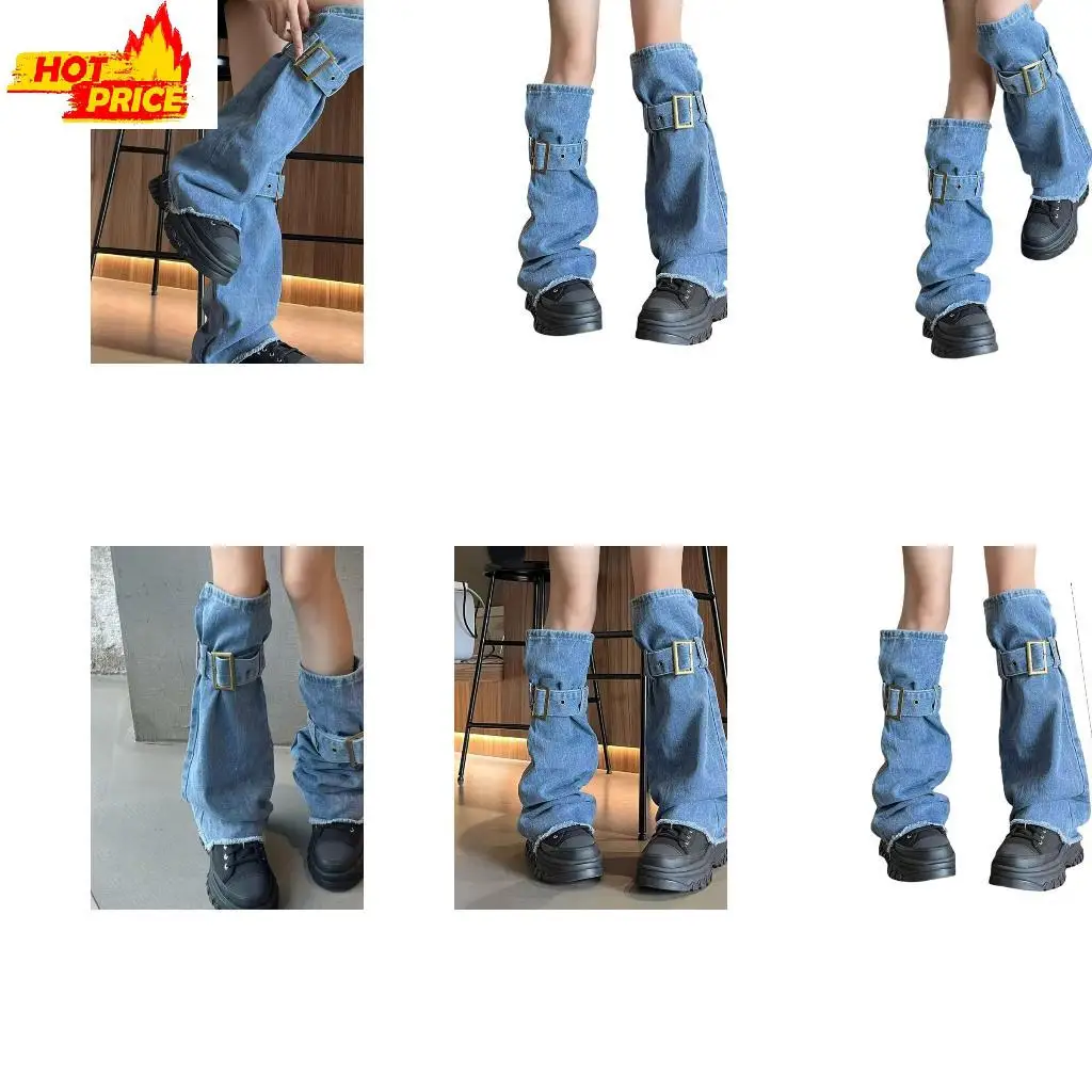 

Women Washed Denims Flared Leg Warmer Buckled Strap Grunge Baggy Jeans Leg Cover