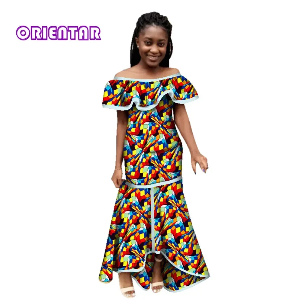 Fashion Women African Dress Slash Neck Long Maxi Dress Bazin Riche African Print Clothing for Women Party Evening Dress WY2781