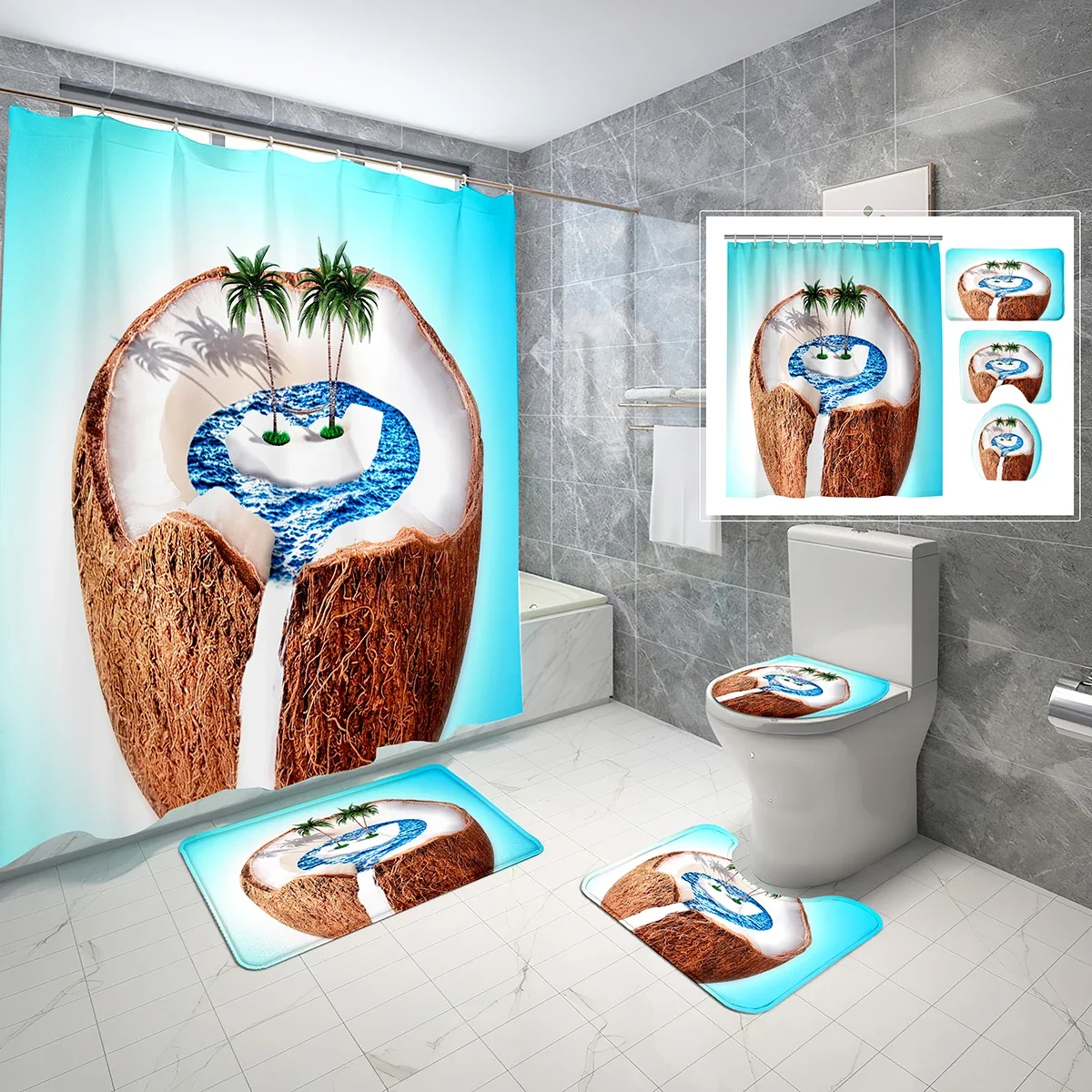

4 Piece Set Tropical Coconut Shower Curtain Non-Slip Bath Mat, Toilet Lid Cover, Hawaii Vacation Style Waterproof Bath Curtain