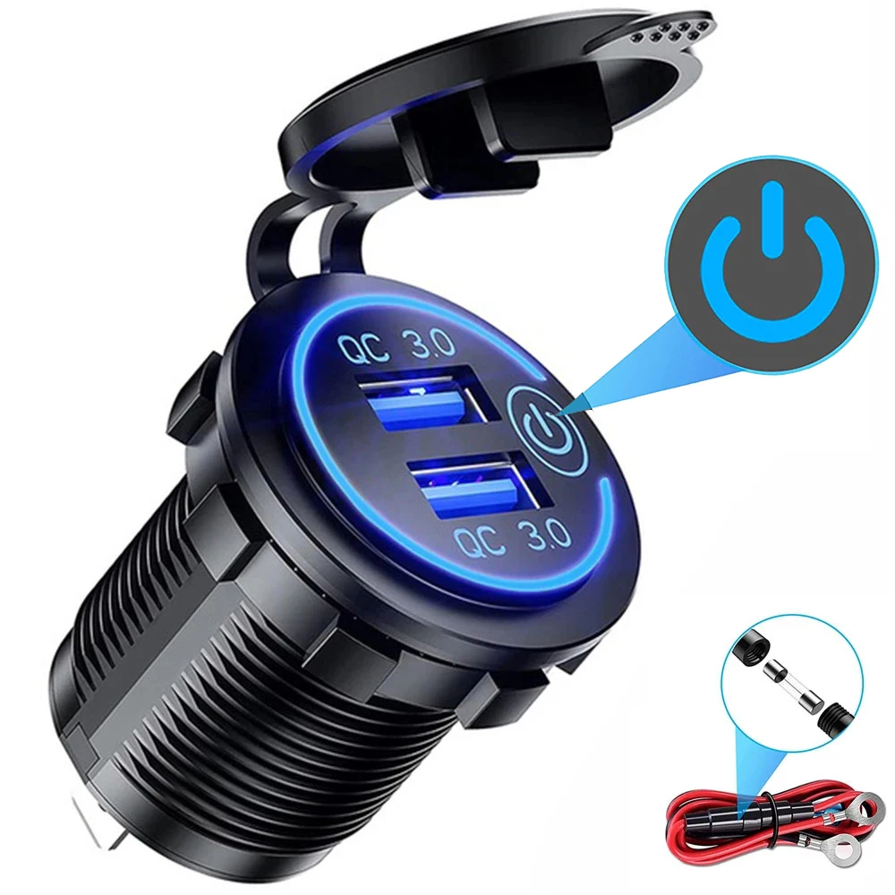 Quick Charge 3.0 Dual USB Fast Car Charger Socket Accessories Waterproof 12V/24V QC3.0 Power Outlet with Touch Switch&Led Light