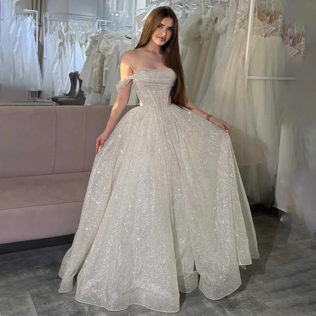 Glitter Off the Shoulder Tulle Evening Dresses Boat-neck A-line Ruched Plain Prom Dress Luxurious Long Formal Party Ball Gowns image 2