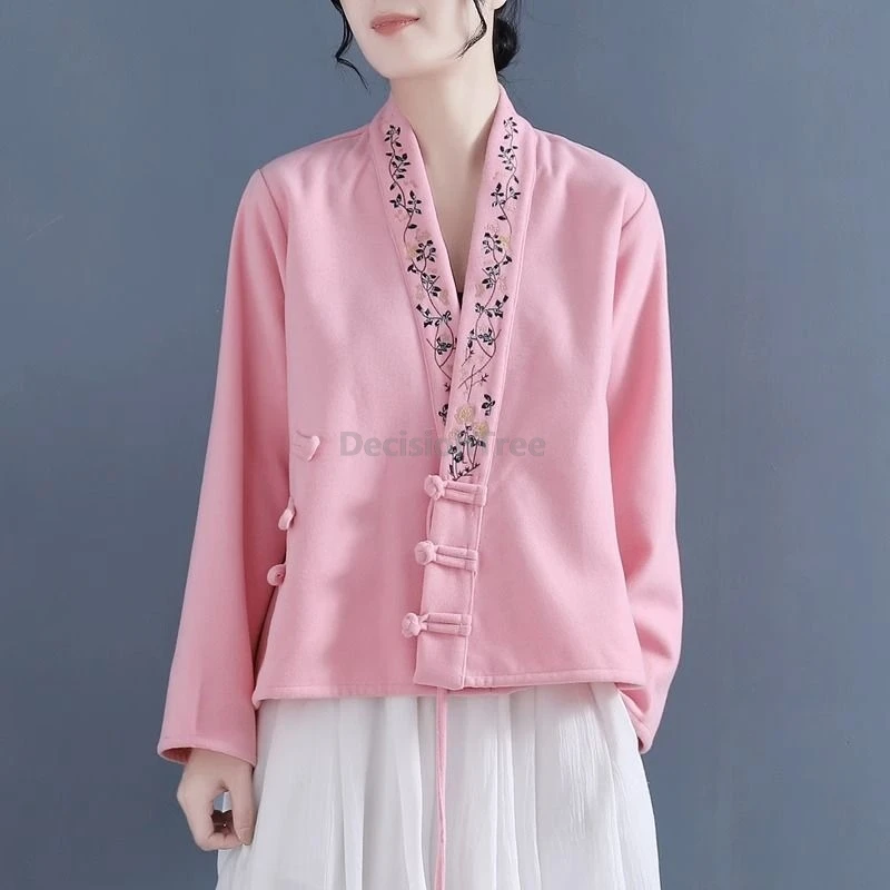 

2025 imprroved corssed collar hanfu top ethnic style embroideried v-neck long sleeved tang suit top chinese disc buckle cardigan