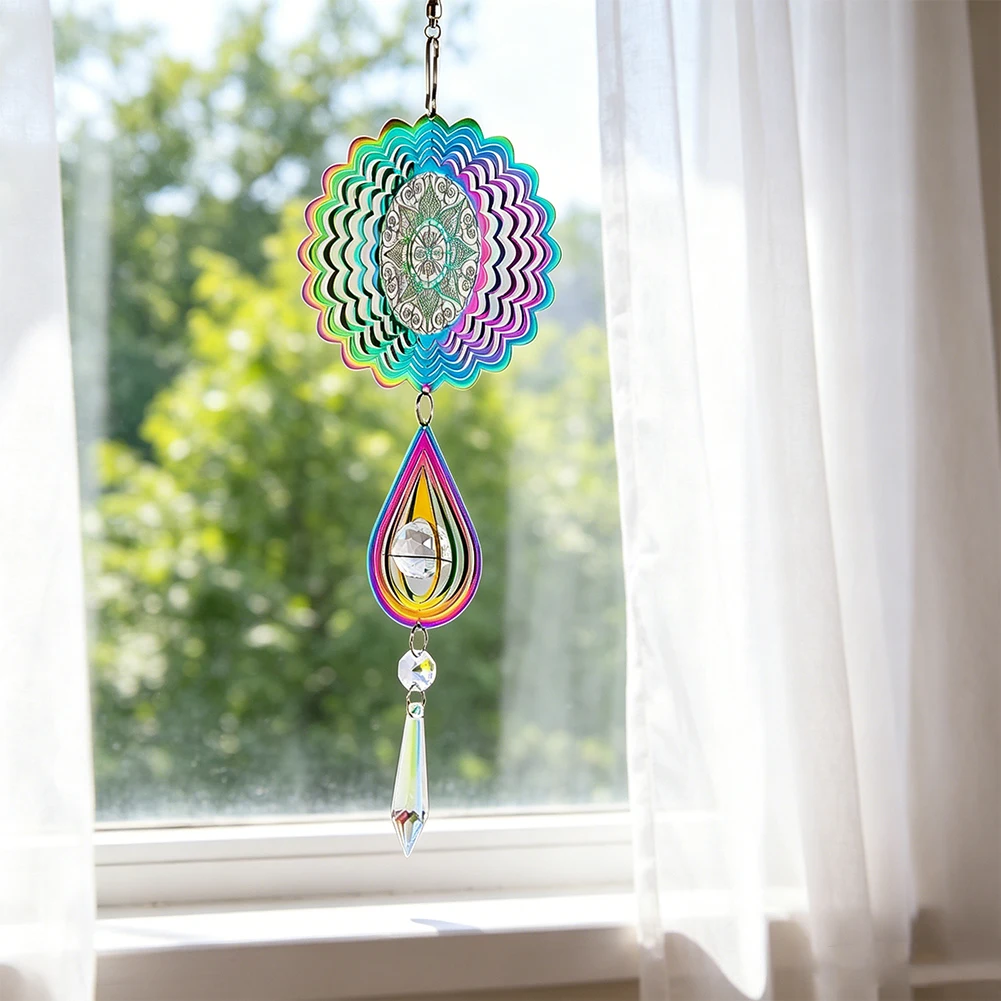 Iridescent 3D Rotating Metal Wind Chime Ornament Multi Shaped Openwork Teardrop Shaped Glass Crystal Prism Garden Bird Repeller