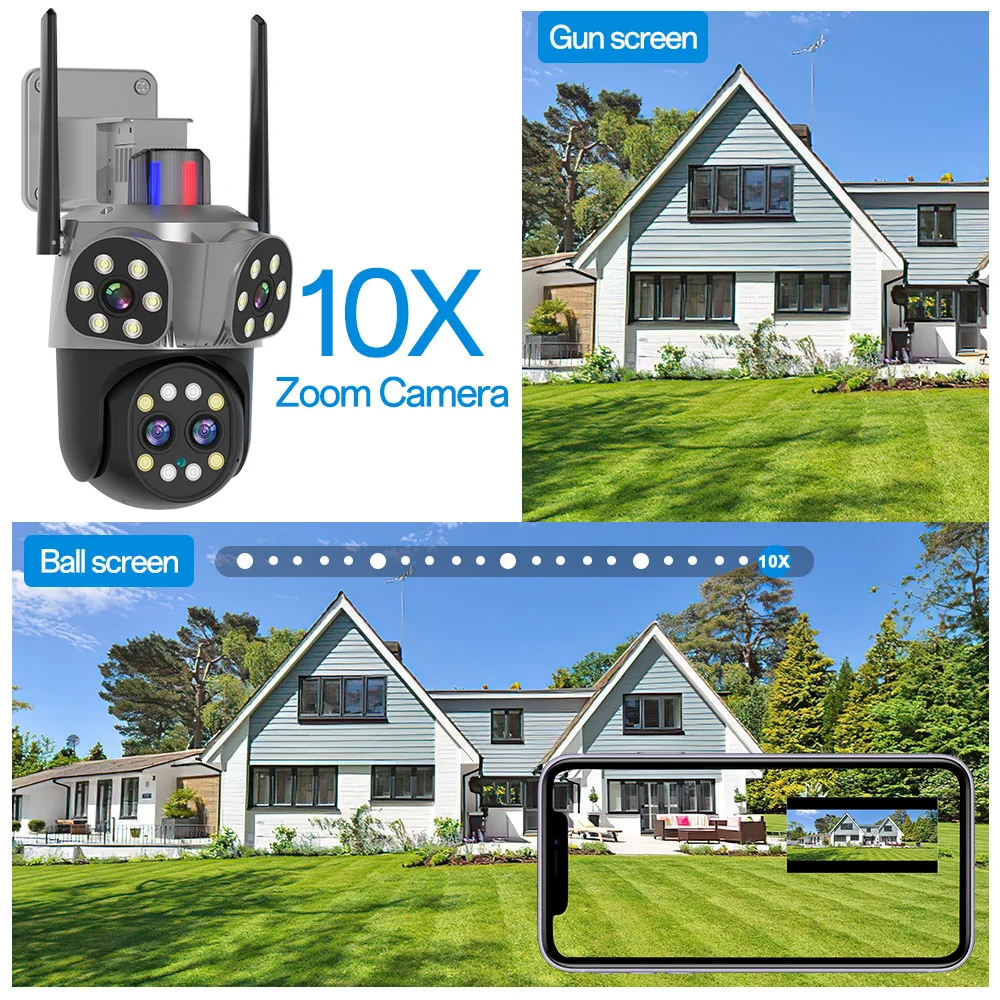 Cámara IP con Zoom óptico 8K, 8MP, WIFI, 10X, para exteriores, tres pantallas, cuatro lentes, PTZ, seguimiento automático, cámara de seguridad inteligente impermeable para el hogar