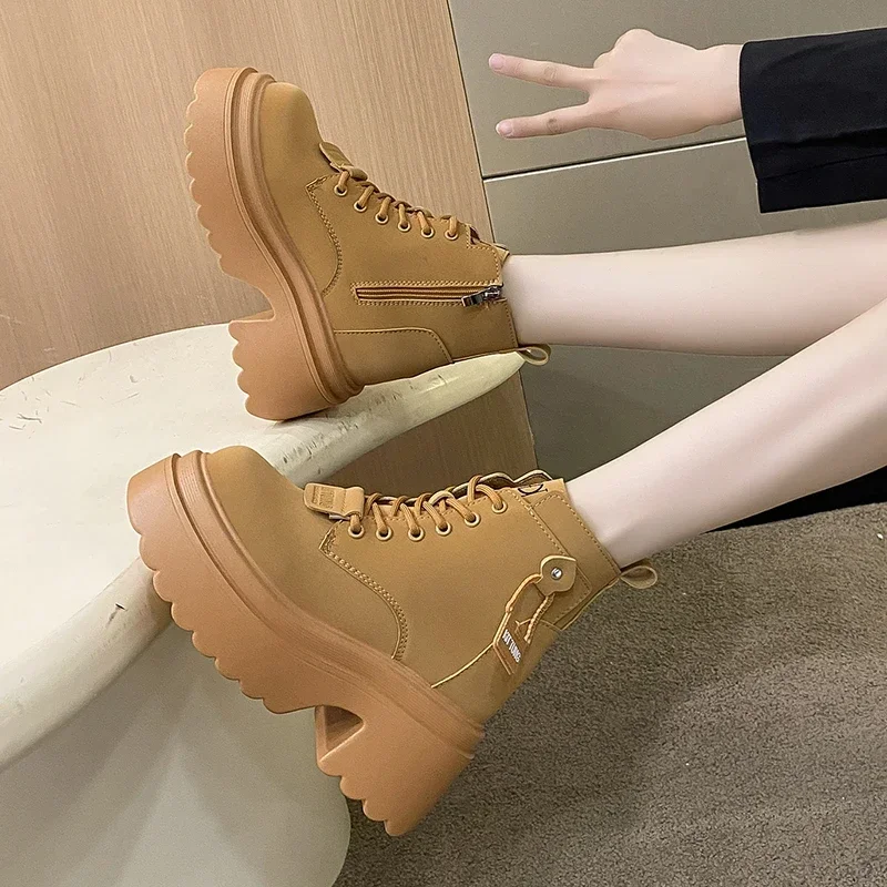 New Autumn Platform Ankle Boots10CM High Heels Women Thick Sole Winter Leather Non-Slip Punk Shoes Chunky Motorcycle Boots Woman