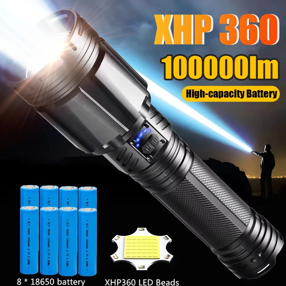 

Most Powerful High Power Led flashlight Use XHP360 Rechargeable Led Strong light Torch Zoom Outdoor Tactical Lantern for Hunting