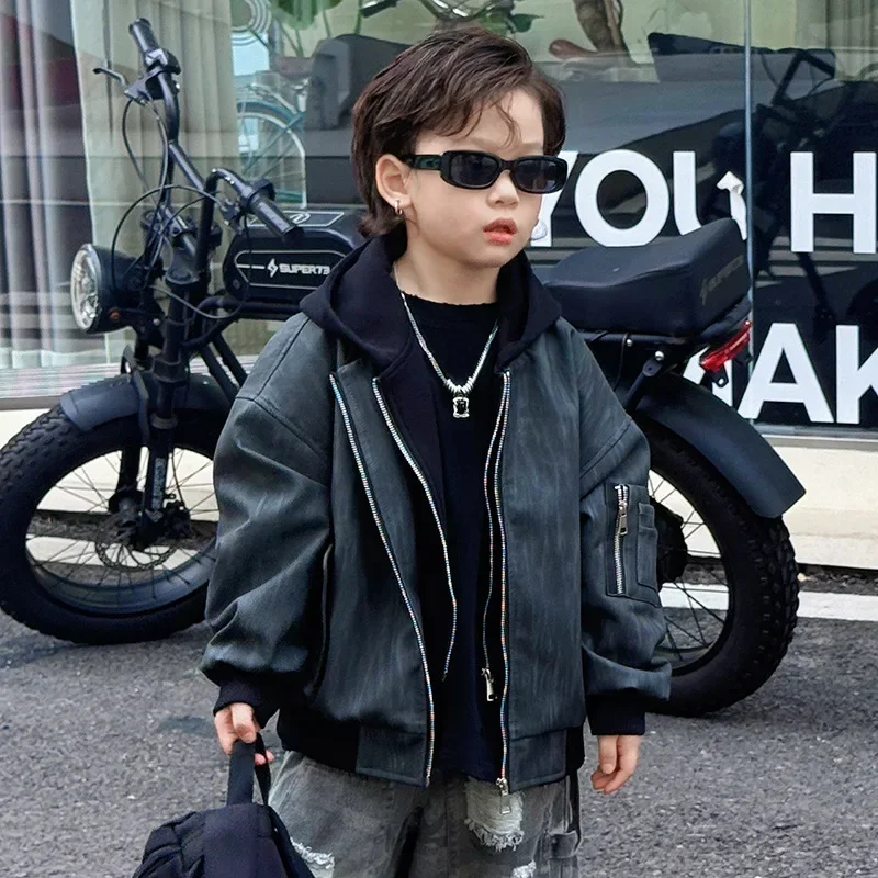 Children Clothes Boy Handsome Leather Coat 2024 Autumn New Fashionablen Hooded Solid Color Long Sleeve Casual Cool Coat