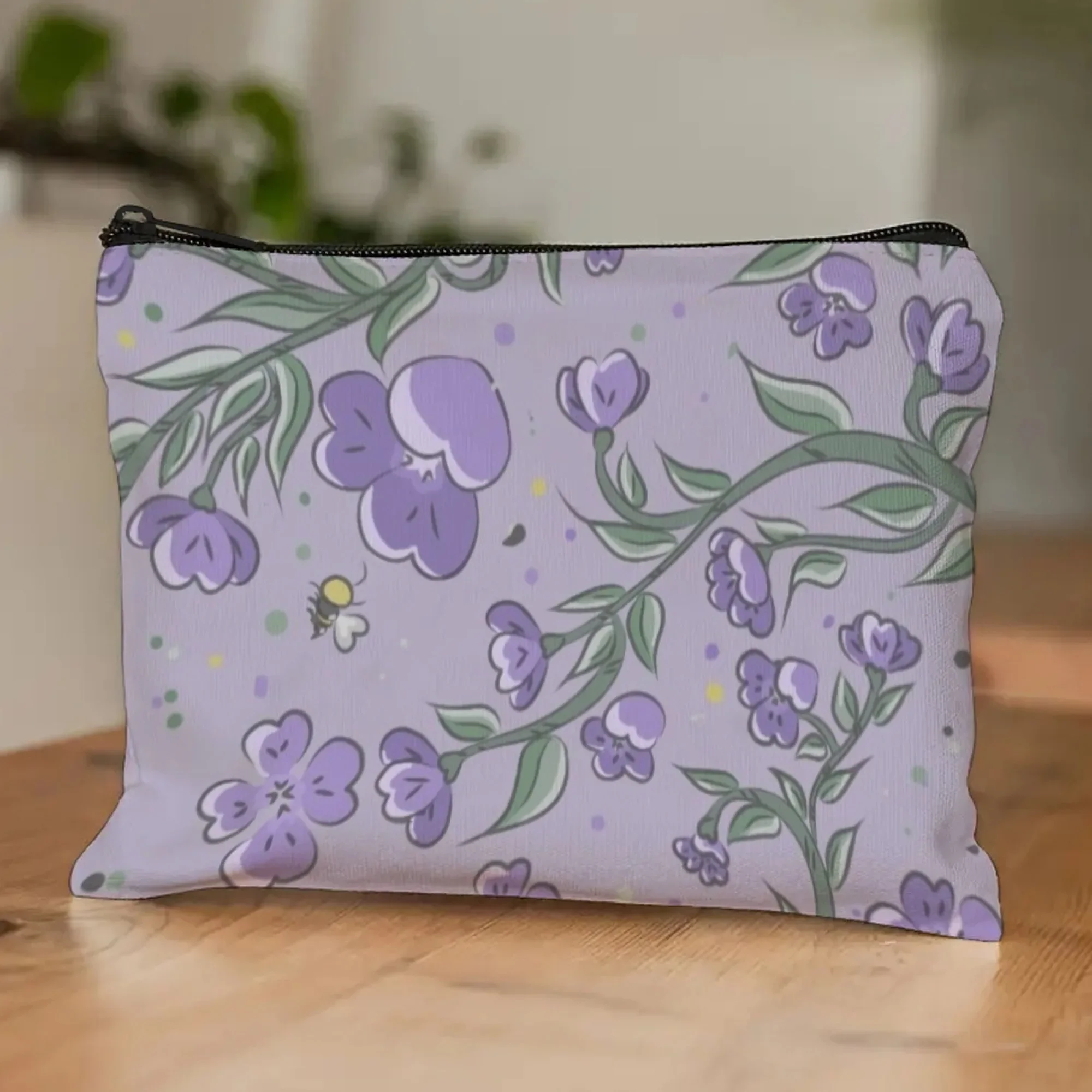

Light Purple fresh rural Floral Canvas Makeup Bag With Zipper, lovely Cosmetic Organizer for Women Travel & Daily Use gift