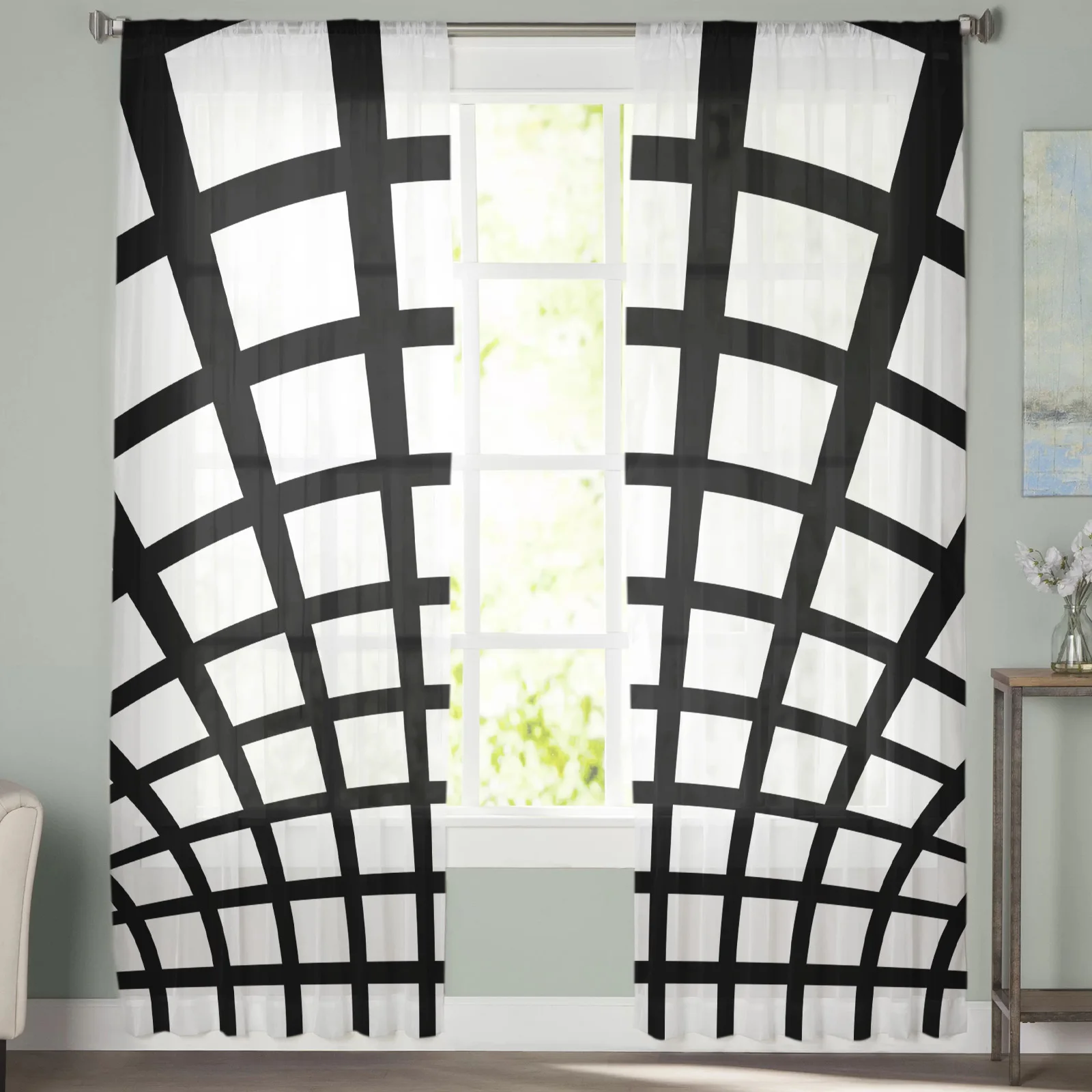 Minimal Geometric Stripe Gradient Lattice Shape Sheer Curtains for Living Room Bedroom Window Treatment Kitchen Chiffon Curtain