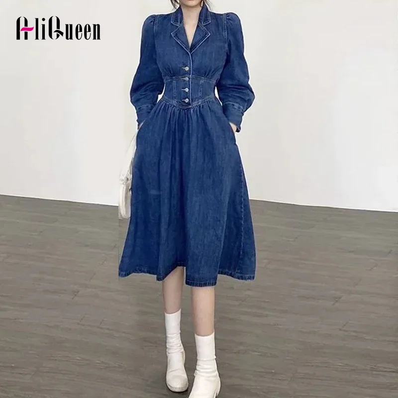 

Retro Puff Long Sleeve Single Breasted Turn Down Collar Denim Dress Elegant Sexy Hollow Out Long Bandage Dress Vestido Plus Size