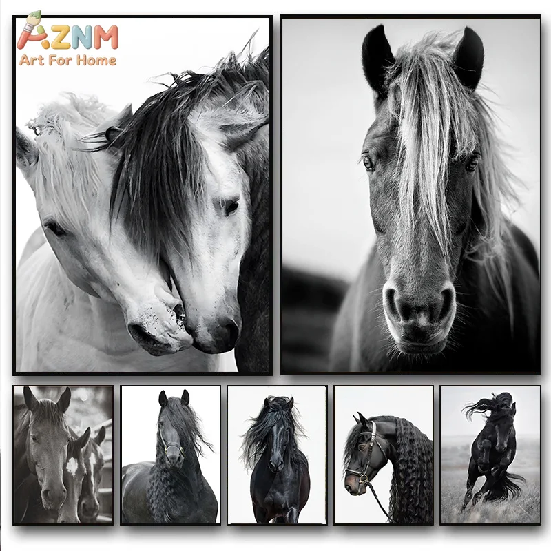 AZNM Monochrome Black White Horse Animal Portrait Frameless Canvas Poster Rustic Farmhouse Living Room Wall Art Decor