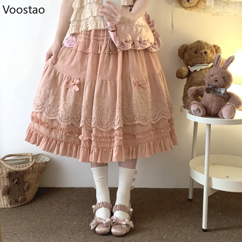 Mori menina estilo lolita midi saia feminina vintage bordado renda floral arco babados saias longas feminino pradaria chique festa saia