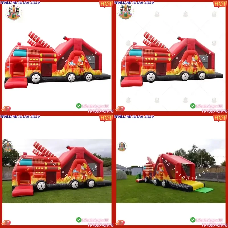 2026 Fire Truck-Themed Inflatable Play Castle, Kids Outdoor Rescue-Inspired Playground with Slide and Bounce Area