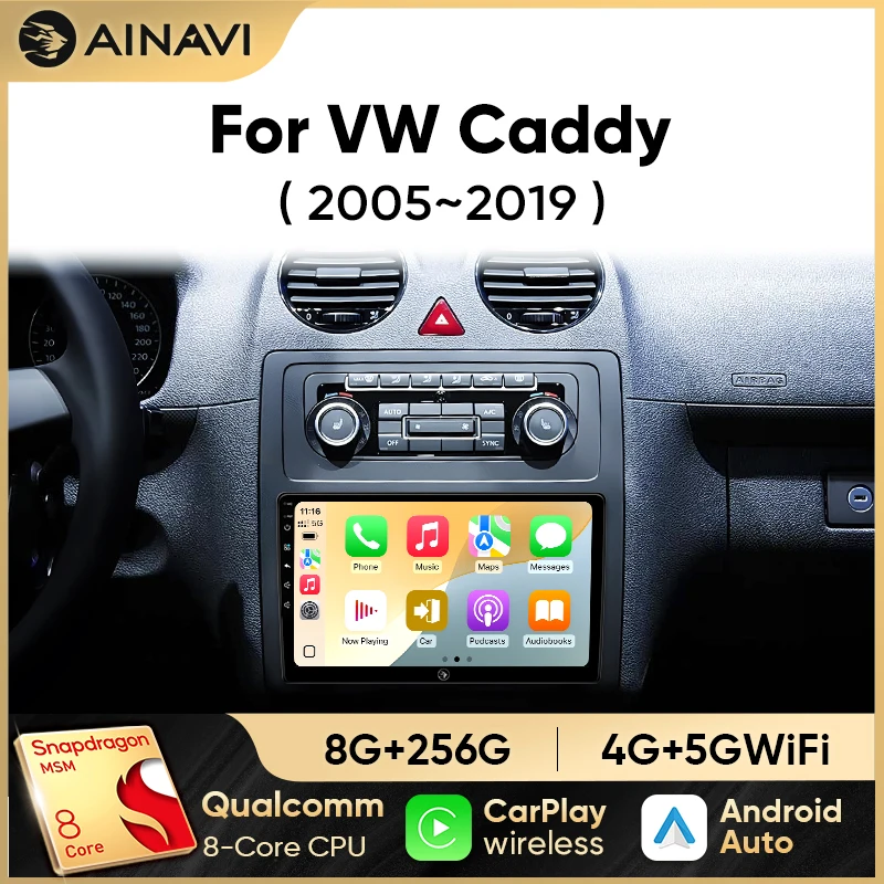 Radio de coche Ainavi para Volkswagen VW Caddy 2005-2019, Carplay inalámbrico, Android, reproductor Multimedia para coche, 4G, DSP 48EQ, GPS, HDMI, 2DIN