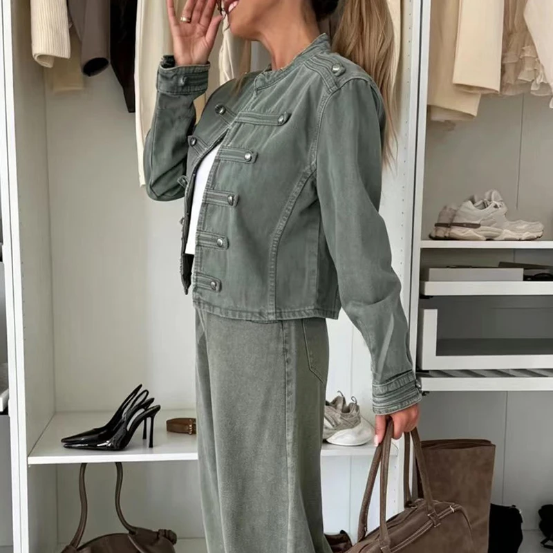 Women Vintage Military Denim Jacket Stand Collar Double Breasted Button Decor Long Sleeve Top Cardigan New Casual Outerwear Coat