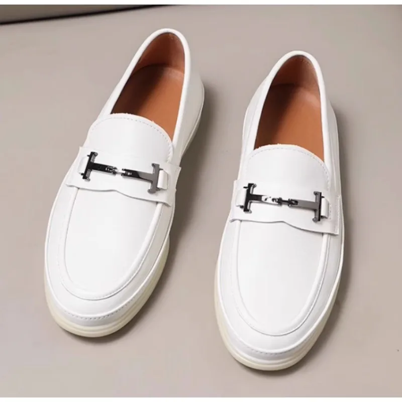 

Men Genuine Leather Loafers Lightweight Slip on Business Casual Shoes White Black Comfortable