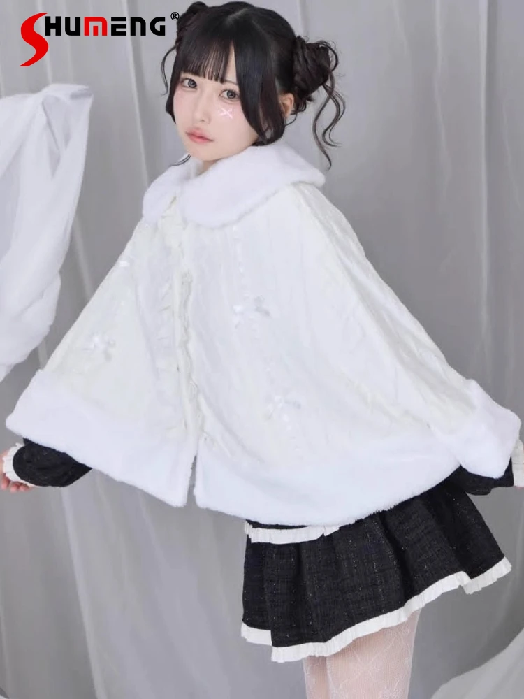 

Японский милый кавайный плащ для девочек, пальто с плюшевым кукольным воротником и бантом, однобортная универсальная свободная куртка-накидка в стиле Лолиты для женщин, зимняя куртка