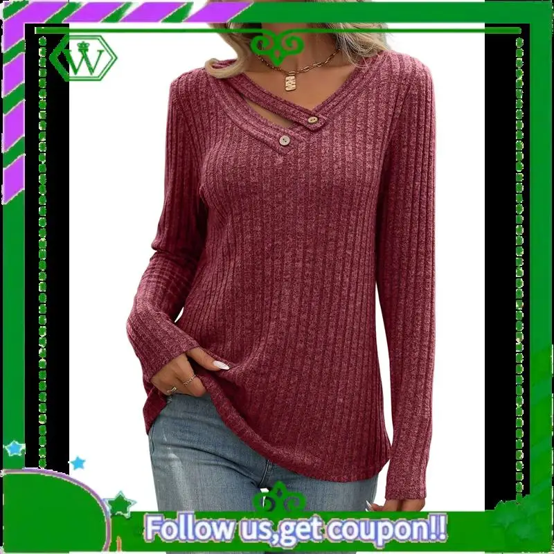 A18P- قمصان طويلة الأكمام للنساء الخامس الرقبة الخريف البلوزات متأنق عارضة الأساسية قمم السترة العصرية #3