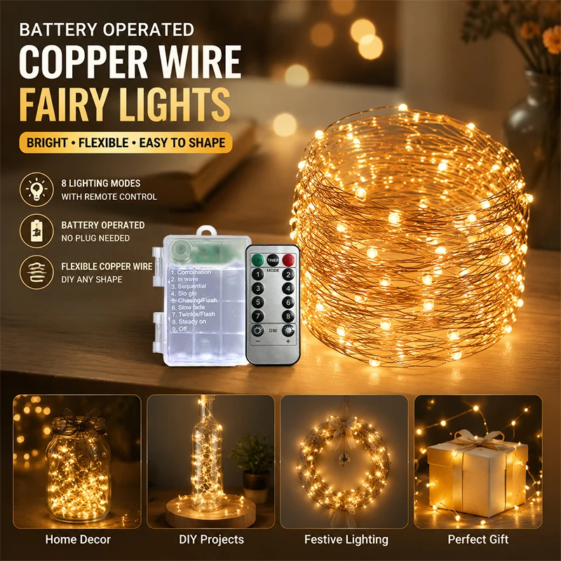 Christmas Garden Decoration Remote Copper Wire Lights Battery Box LED Fairy String 5M-30M IP54 Waterproof 8 Modes Room Lighting