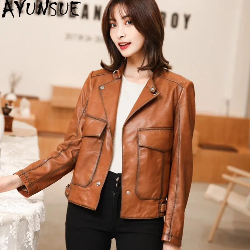 AYUNUNSUE-Jaqueta de couro de carneiro feminina, casual slim outwear, motociclista genuíno, real, moda coreana