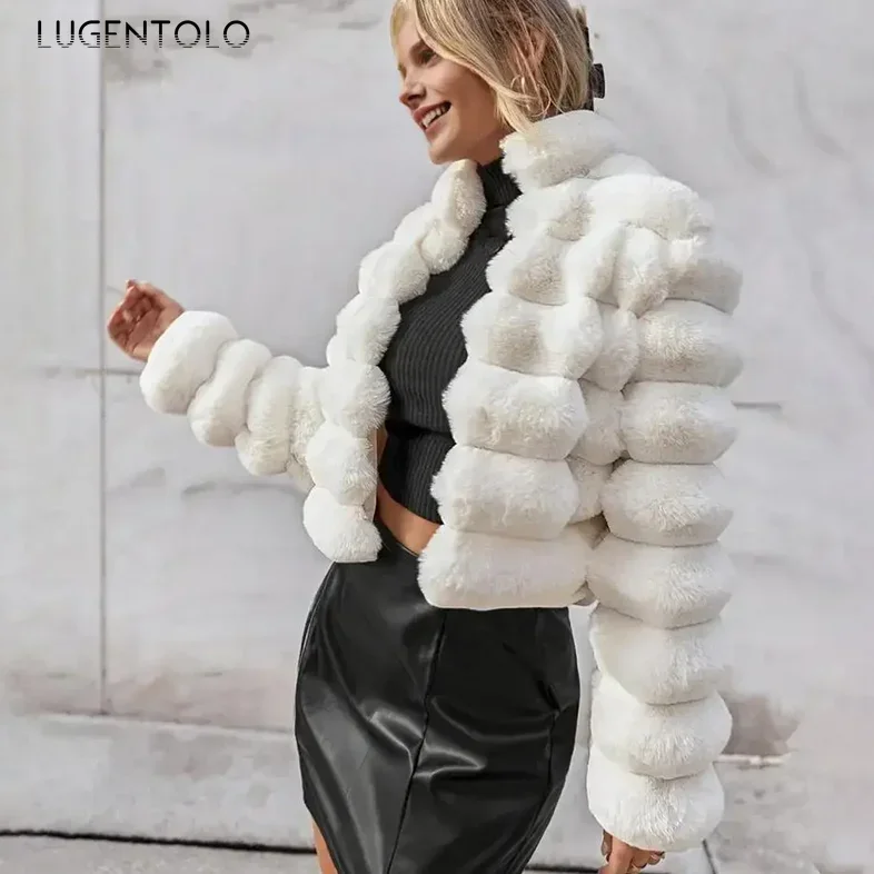 Women Faux Fur Jacket 2024 Y2k Outdoor Thickened Windproof Thermal Coat Fashion Stand Collar Soft Shaggy Cropped Cardigan Tops