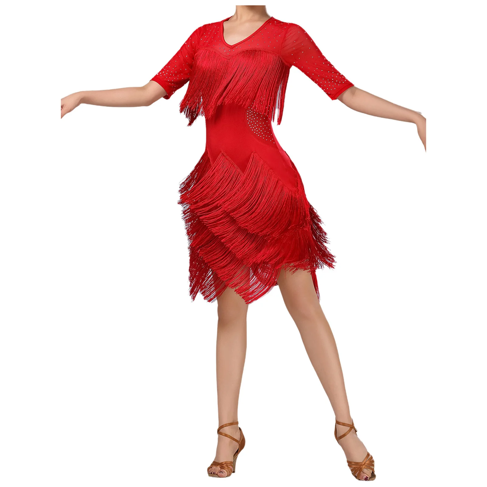 Vestido latino con borlas para baile de Tango y Rumba para mujer, vestido con flecos de malla con diamantes de imitación brillantes para Chacha Rumba Samba, Ropa de baile para actuación