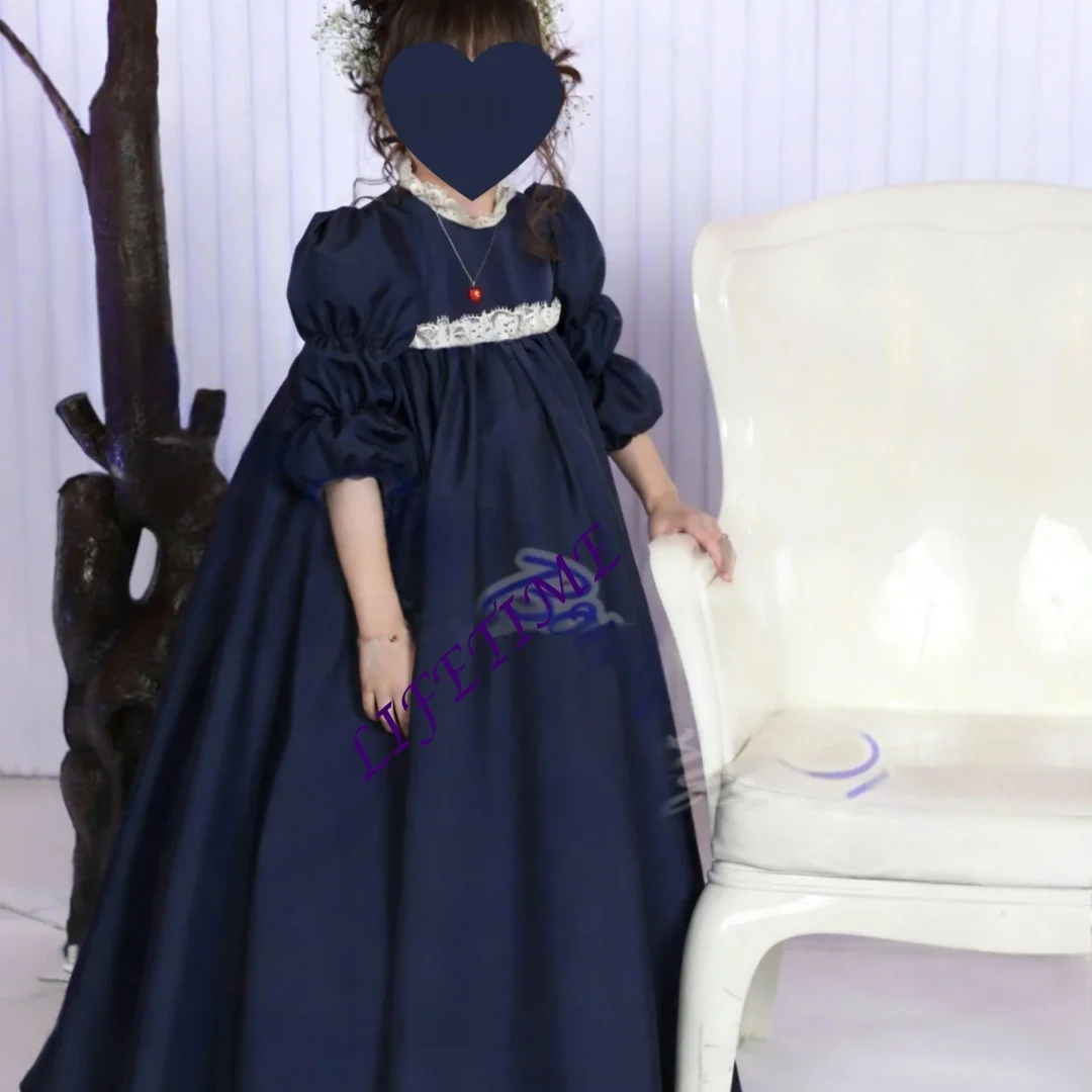 

Индивидуальные платья для девочек, темно-синее платье с короткими рукавами, контрастное кружевное платье с цветочным узором для девочек для свадебных церемоний, официальных приемов