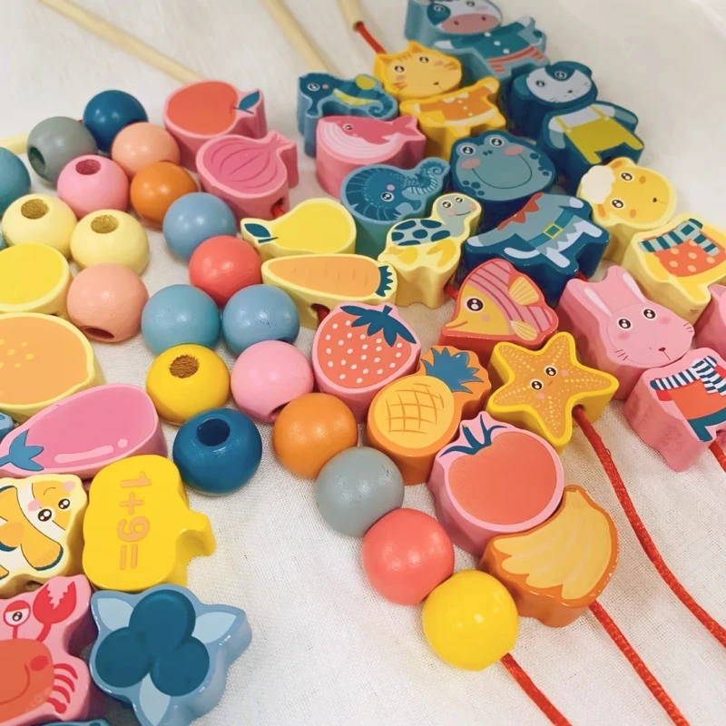 Wooden Cartoon Beads Stringing Threading Toys Fruit Animal Numeric Lacing Toy Baby Wooden Beads DIY Toy Montessori for Kids