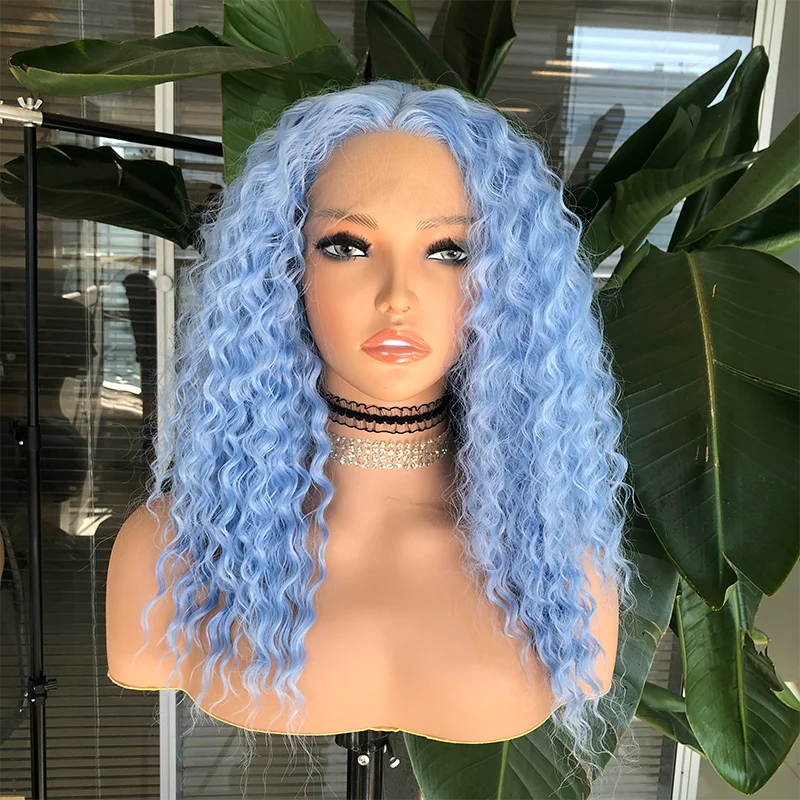 Websterwigs Deep Curly Synthetic Lace Front Wig Middle Part Light Blue Wig Heat Resistant Fiber Hair Cosplay Wig For Black Women