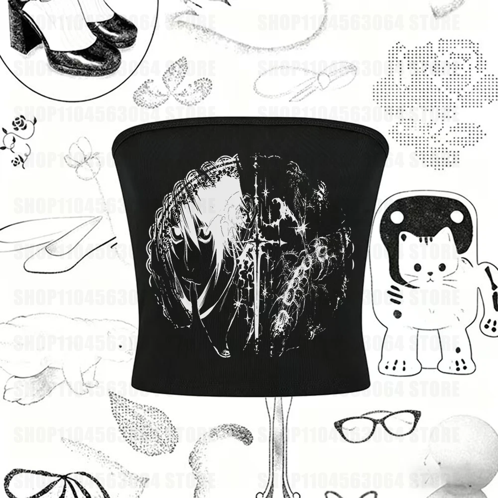 Y2k anime street wear 90s cartoon printed top Harajuku women's clothing simple retro exposed navel strapless aesthetic mood casu