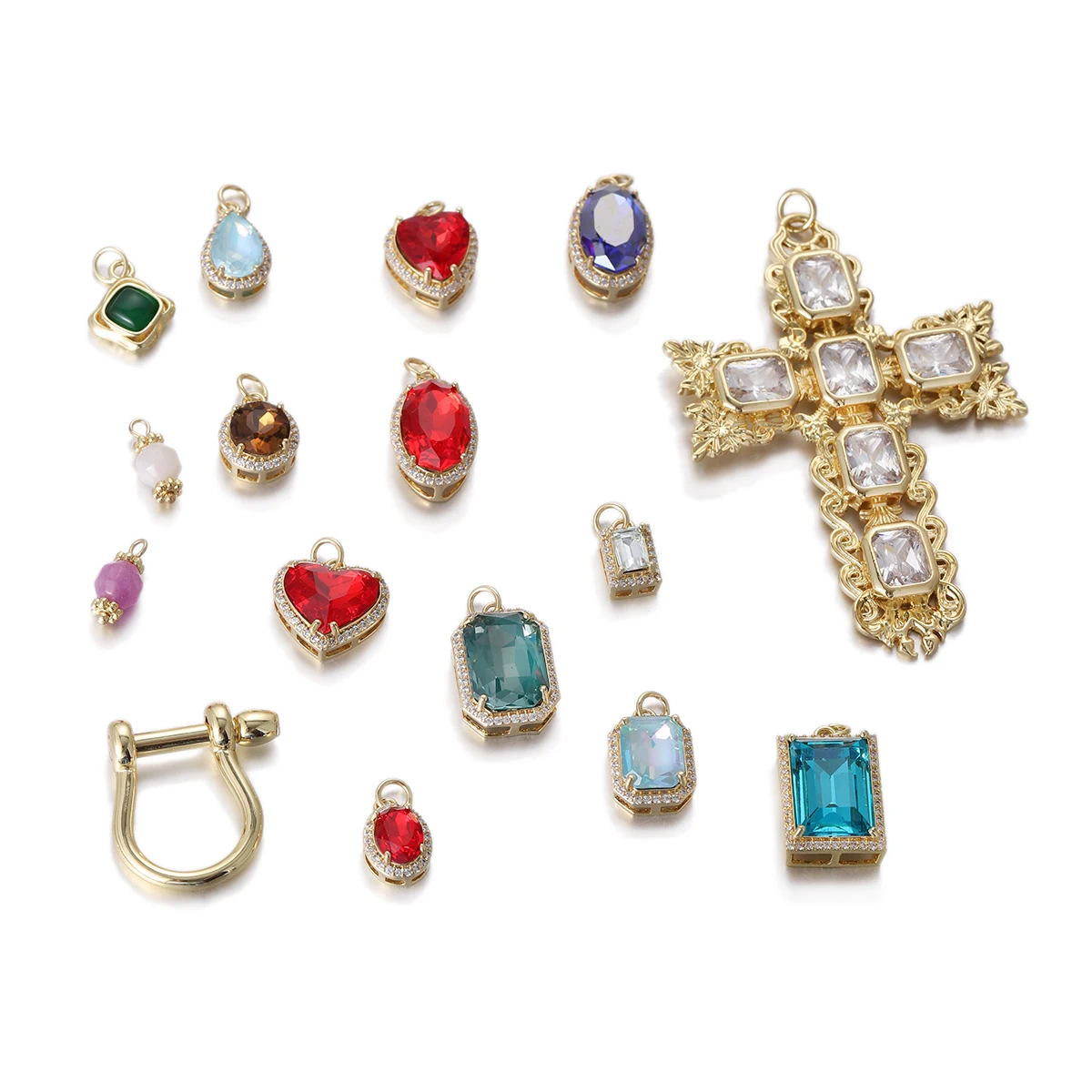 Shining Crystal Zircon Water Drop Heart Oval Shape Charms Gold Color Cross Pendant DIY Jewelry Making Accessories