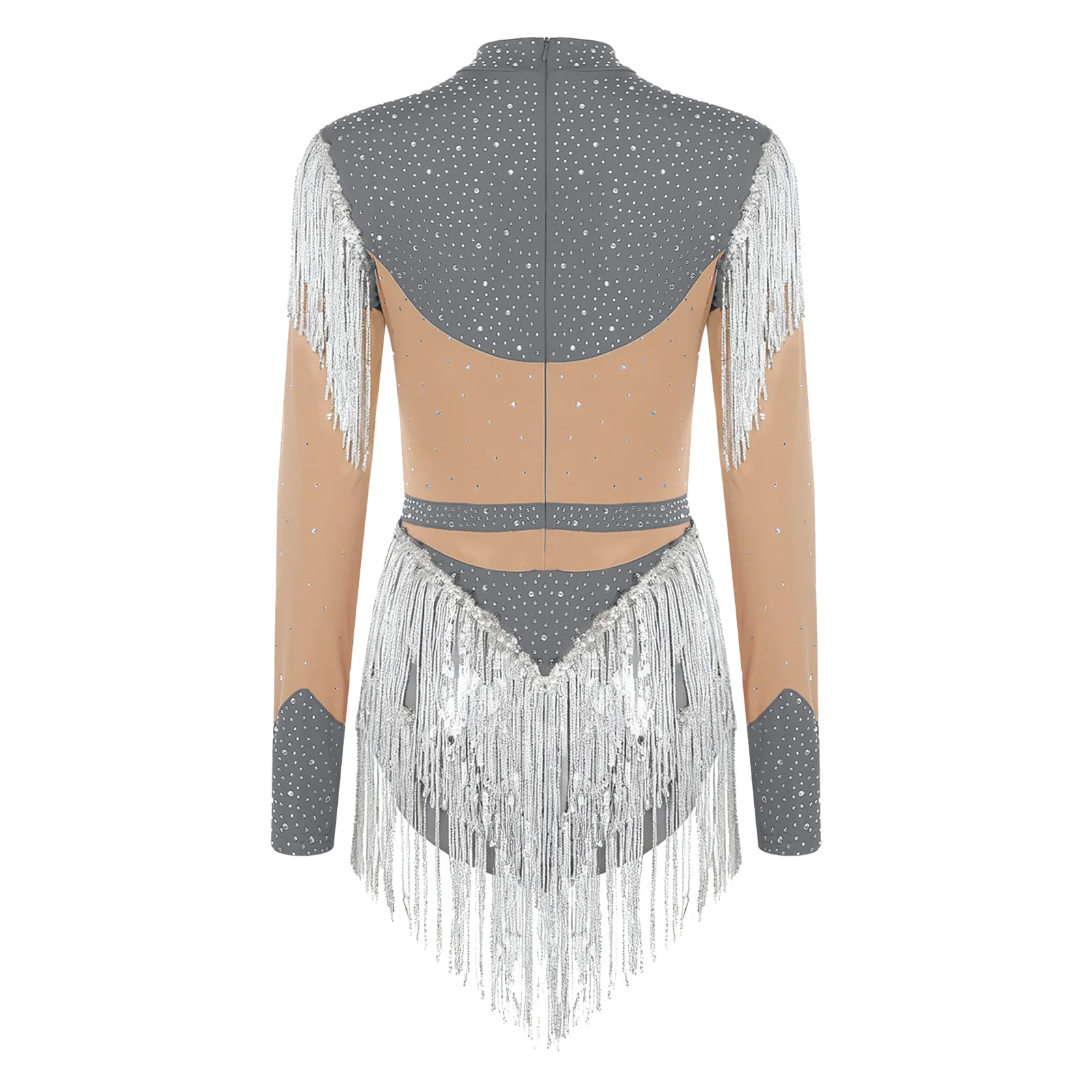 Dames kunstschaatspakje pailletten kwastje lange mouw te openen kruis ritssluiting aan de achterkant contrasterende kleur jumpsuit voor Latin Chacha dans