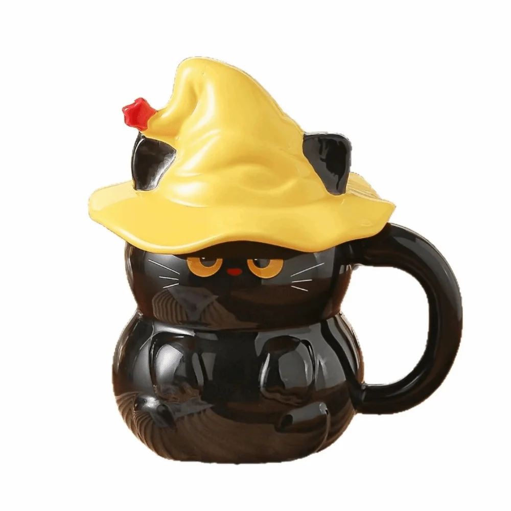 Unisex Creative Ceramic Ghost Cat Mug 450ml with Lid Magic Kitty Coffee Cup Cute Drinking Cup Breakfast Mug