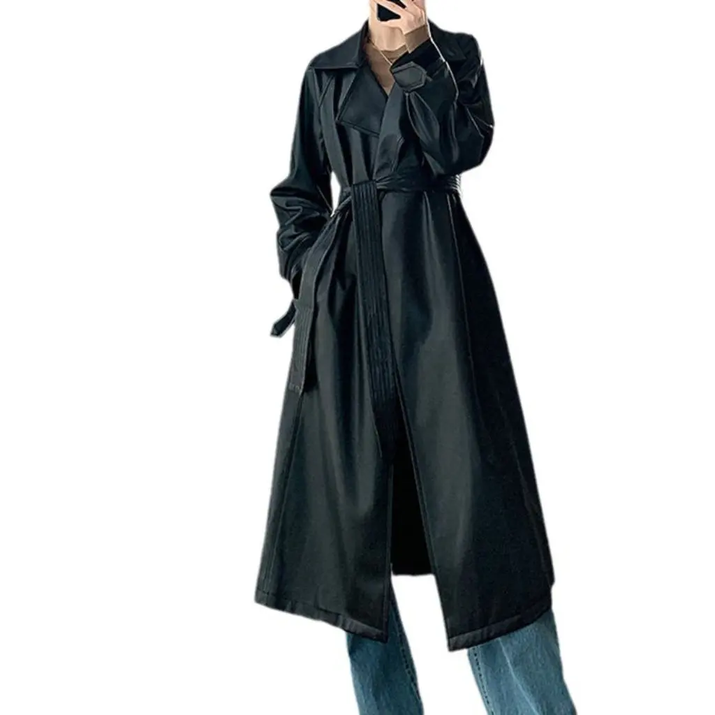 Trench-Coat Long en cuir PU pour femmes, longueur aux genoux, élégant, Style rétro, mi-long, vêtements d'extérieur pour printemps et automne