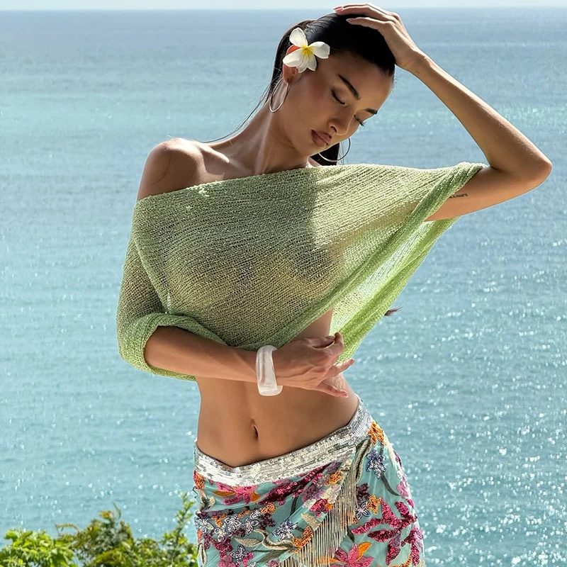 

TARUXY Knit Cover-Up See-Through Top Shawl Women's Fashion Solid Irregular Loose Sleeveless Top Summer New Beach Party Clubwear