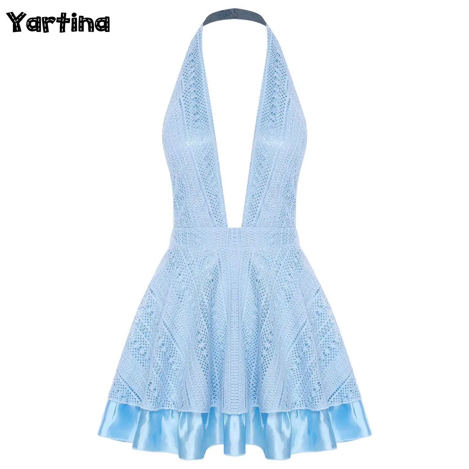 

Womens Ladies Halter High Waist Ruffle Sexy Bodycon Dress for Beach Party Deep V Neck Open Back Cocktail Mini Dress Clubwear