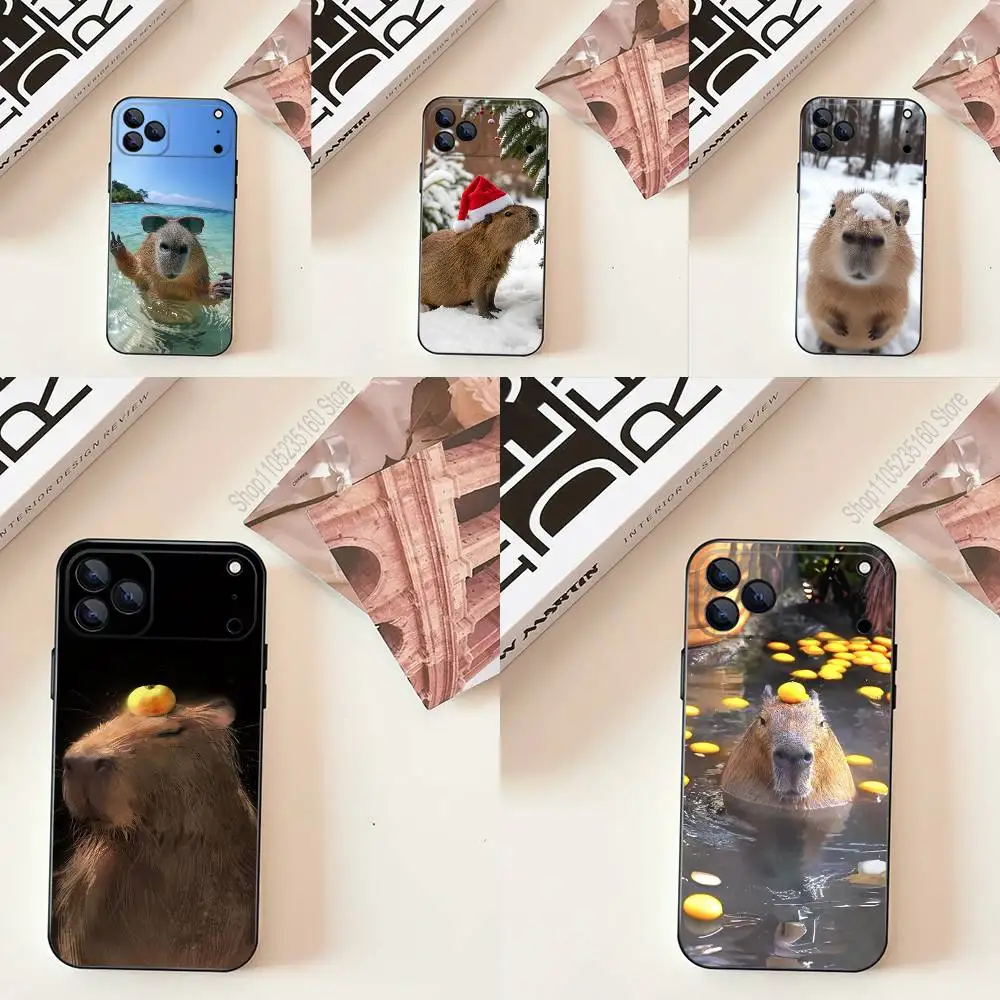 Bonito animal de estimação c-capivara para iphone 17,16,15,14,13,12,11, pro, max, plus, e, se4, air, mini capa de telefone preta com capa macia