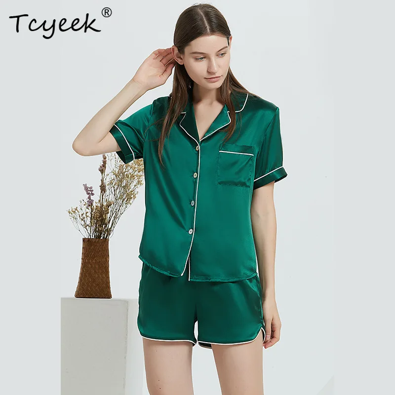 

Tcyeek, 19MM 100%Real Silk Pajamas Set, Summer Women Short Sleeve Top Shorts Nightwear, Sleepwear Satin Solid Pijama S476102QM