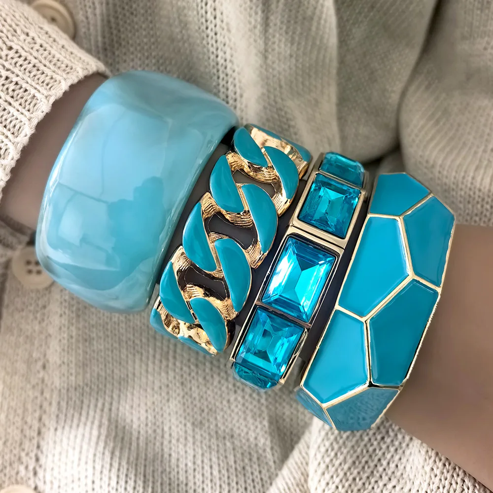 Vintage Punk Blue Dripping Oil Metal Enamel Spring Bangles For Women Geometric Wide Chunky Cuff Bracelet Party Aesthetic Jewelry view 3
